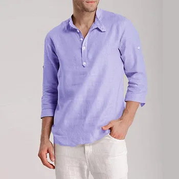 

MJARTORIA 2019 New Men Casual Solid Color Roll Up 3/4 Sleeve Turn-down Henley Neck Shirts Semi-zipper Breathable Cool Shirts