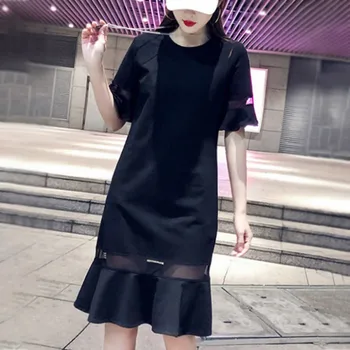 

Student Wind 2019 Casual Women Summer Solid Color Mesh Stitching Round Neck Short Sleeve Ruffles Trumpet Fishtail Dress