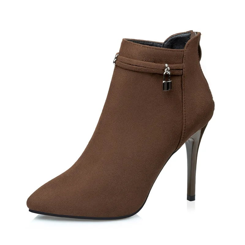QSR/Ботинки martin на высоком каблуке 10 см женские ботильоны на шпильке с острым носком женская обувь Простые замшевые ботинки Новинка зимы - Цвет: Коричневый