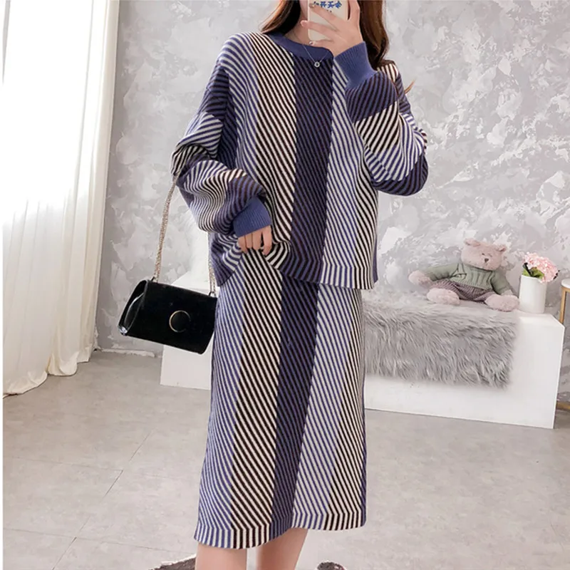 BLLOCUE Elegant Ladies Striped Sweater Jumpers+Skirt 2 Piece Set Women Fashion Loose Long Sleeve Knitted Pullovers Skirt Suits