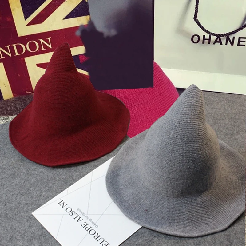 

Halloween Party Witch Wizard Hats Solid Color Kinitted-Wool Hats For Halloween Party Masquerade Cosplay Costume