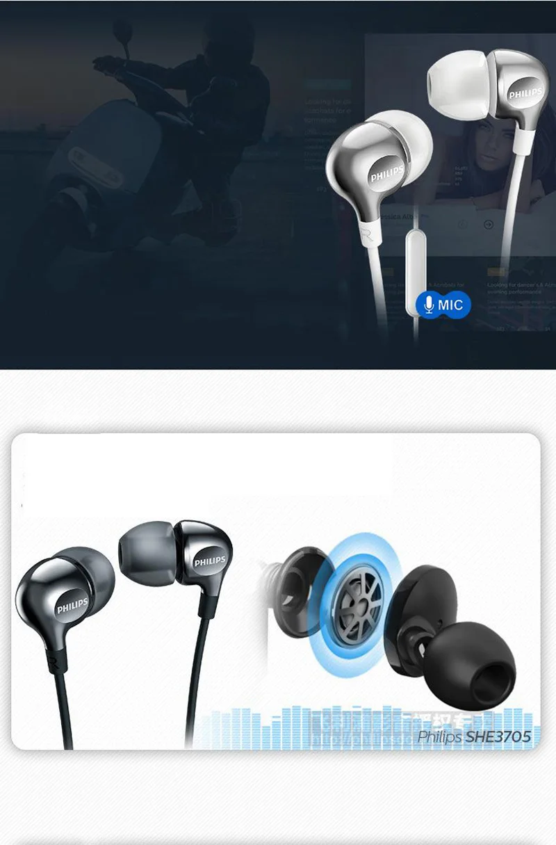 Philips наушники SHE3705 Проводная гарнитура с микрофоном 3,5 мм разъем в уши для Galaxy YS8 huawei xiaomi