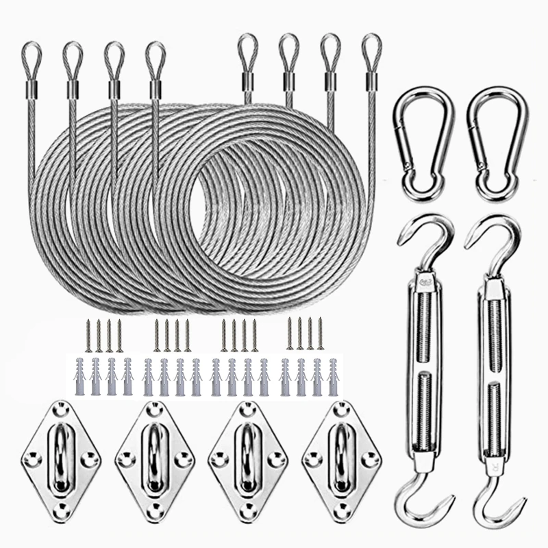 33/44Pcs Stainless Steel Wire Rope Kit Triangle Four Corner Sunshade