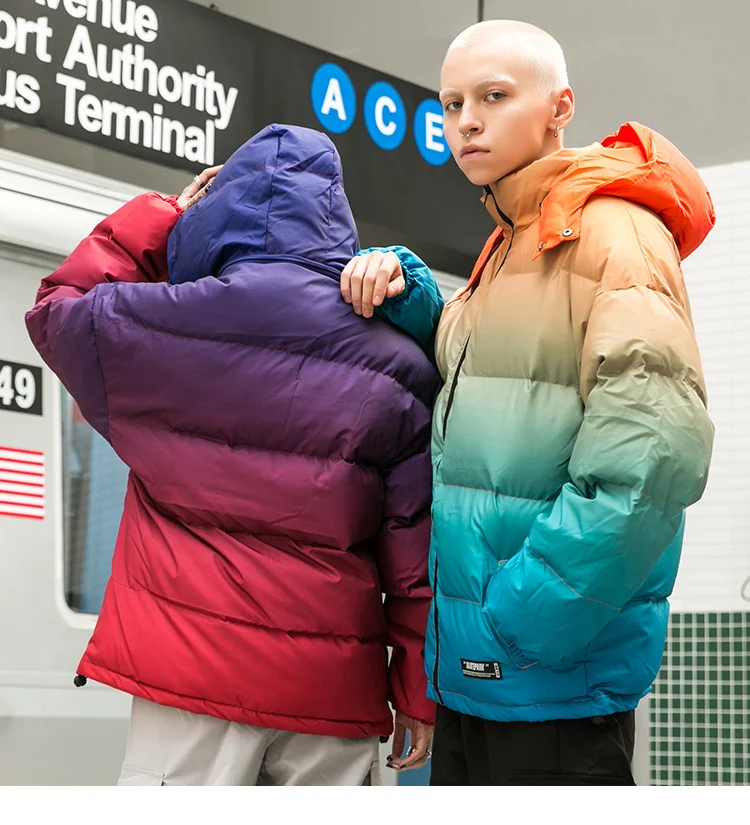 Парка с радужным градиентом со съемным капюшоном, Мужская Куртка Harajuku, плащ, ветровка, теплая толстая верхняя одежда, хип-хоп, Повседневная Уличная одежда