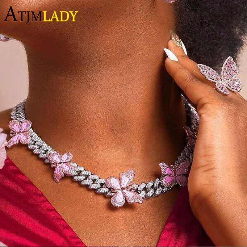 New 16'' 18'' blue pink enamel butterfly charm 12mm iced out bling cz cuban chain choker necklace fashion women colorful jewelry |