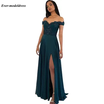 

Chic 2020 Side Slit Prom Dresses Lace Appliques Sequins Off The Shoulder Zipper Back A-Line Graduation Evening Gowns Vestidos