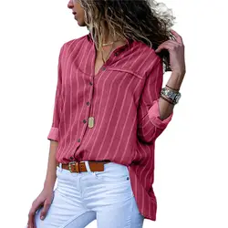 Свободная Женская блузка в полоску с длинным рукавом и v-образным вырезом
