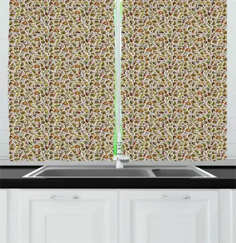

Africa Kitchen Curtains Various Colorful Cultural Elements and Ornate Animals on a Plain Background for Kitchen Cafe Decor