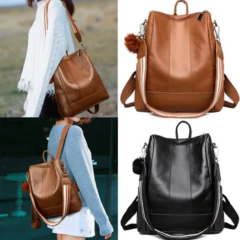 

Soft Leather Tote Shoulder Bag Anti Theft Ladies Stylish Daypack Casual Backpack