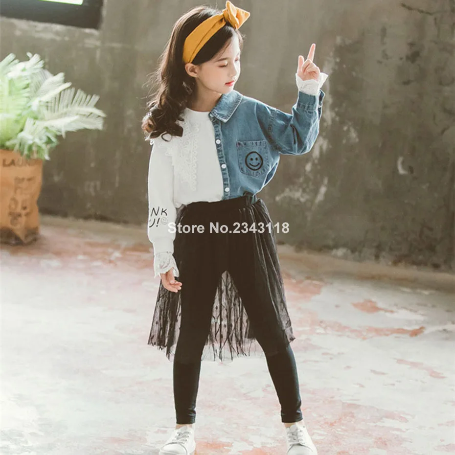 

Clothes For Girls Patchwork Blouse + Mesh Skirt 2pcs Girls Sets Clothing Spring Autumn Full Length Children's Clothes 6 8 10 12