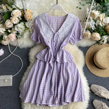 

Women Sweet Lace Doll Collar Stitching High Waist Ruffles Plaid Dress Lady Short Sleeve Elegant Vestidos M121