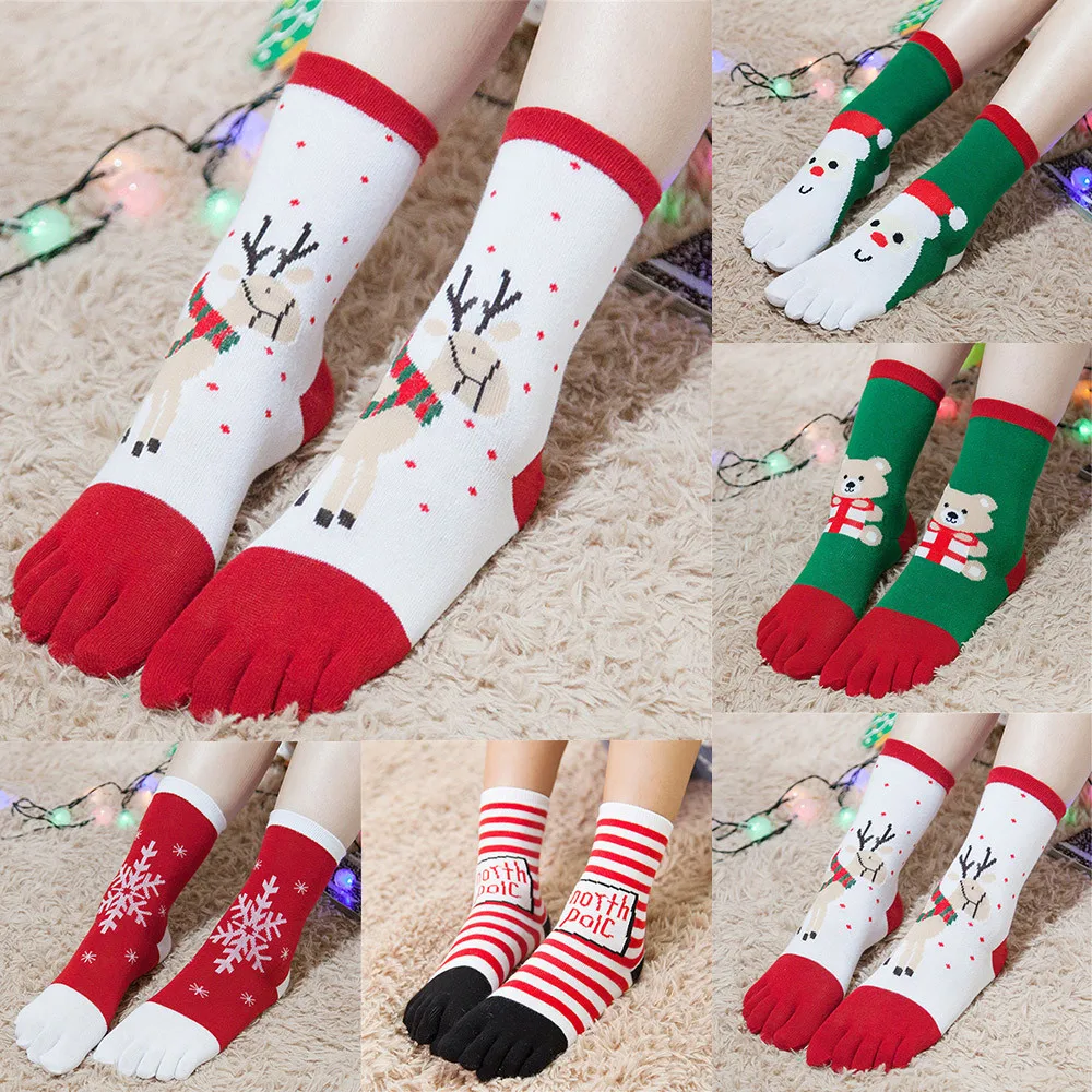 Рождественские носки унисекс с принтом, Разноцветные носки с пальцами, женские носки с принтом, носки с пятью пальцами, хлопчатобумажные забавные носки, chaussette femme# ZD