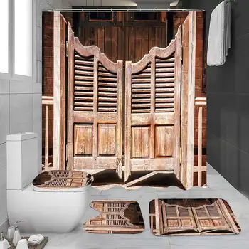 

1.8X1.8M 3D Vintage Old Wood Door Waterproof Bath Shower Curtain Rug Set Non-slip Bath Mat Toilet Cover Polyester Shower Curtain