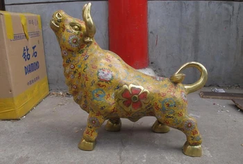 

001422 China Royal 100% Pure Bronze Cloisonne Foo Dog Lion Cattle Bull Ox animal Statue