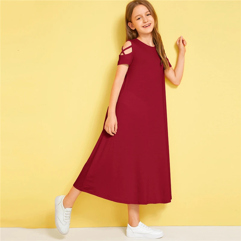 SHEIN/однотонное Повседневное платье с открытыми плечами и перекрещивающимися крест-накрест для детей; коллекция года; летние эластичные детские футболки с короткими рукавами
