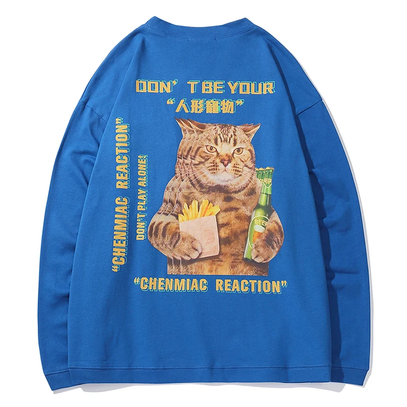 

Japanese Streetwear Sweatshirts Mens Autumn Harajuku Cat Letter Printed Long Sleeve Shirt Men Casual Cotton Pullover T Shirt Men