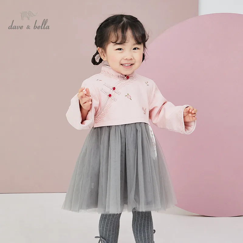 

DBJ15560 dave bella winter baby girl's cute floral embroidery mesh dress children fashion party dress kids infant lolita clothes