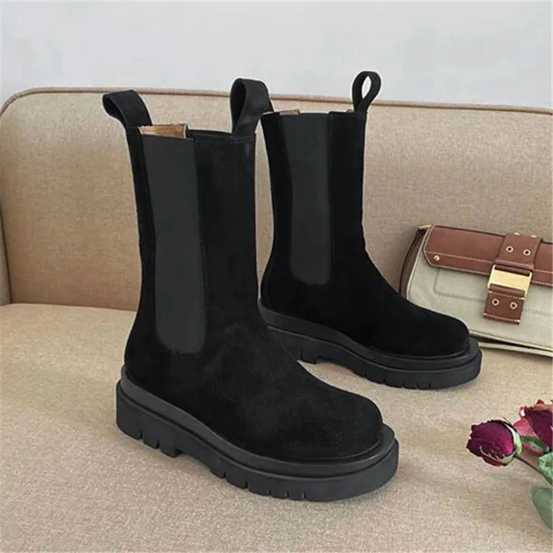 Black Cow Suede Mabaiwan/Новинка года; замшевые ботинки «Челси» из коровьей кожи; женские модные ботильоны в британском стиле; обувь на платформе с круглым носком; Полусапоги на толстой подошве - Цвет: Black Cow Suede