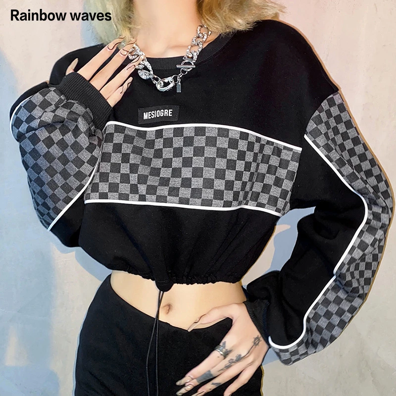 sweatshirts for women Rainbowwaves Womens Short Hoodies Loose Casual Letter Patchwork Draw String Sexy Streetwear Crop Top Long Sleeve Women Pullover grey hoodie