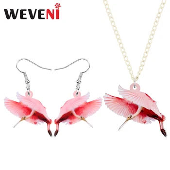 

WEVENI Acrylic Pink Flying Spoonbill Jewelry Sets Print Animal Bird Earrings Necklace For Women Lover Kid Party Gift Accessories