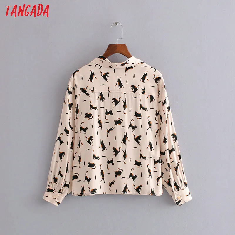 Tangada женская блузка с милым принтом кота, отложной воротник, длинный рукав, шикарная Женская Повседневная Свободная рубашка, blusas femininas 3H140