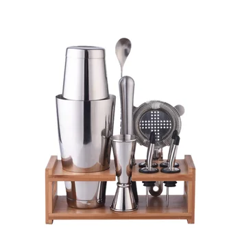 

800Ml Stainless Cocktail Shaker Mixer Drink Bartender Tools Set with Wooden Rack