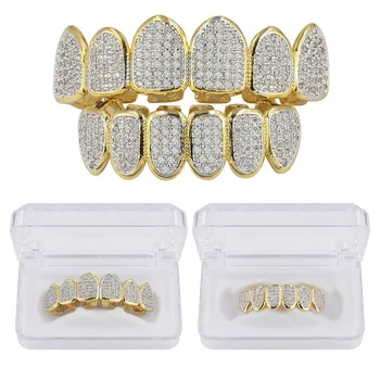 

Teeth Grillz Set Classic 6/6 Hip Hop/Punk Gold Teeth Grillz Top & Bottom Grills Dental Mouth Caps Cosplay Party