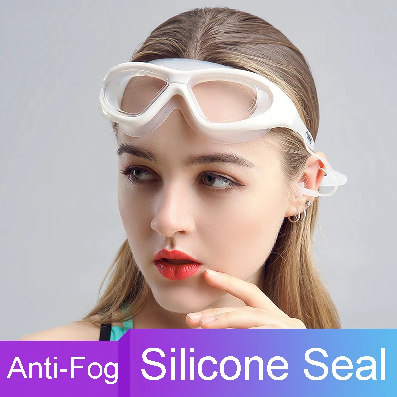 Large Frame Swimming Goggles With Earplug HD Transparent Glasses Anti fog Silicone Waterproof Men Women swim eyewear adult swimming goggles