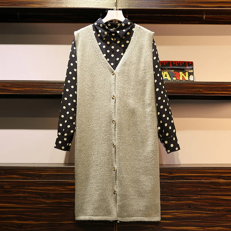 

Fat Mm Large Size Dress 2019 Spring New Style Long Sweater Tank Dress + Polka Dot Chiffon Dress Two-Piece Set