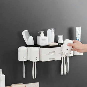 

Bathroom Accessories Set Toothbrush Holder Automatic Toothpaste Dispenser Holder Bathroom Storage Rack With Double Drawers
