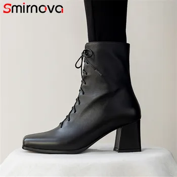 

Smirnova 2020 new arrival genuine leather shoes women ankle boots square toe lace up high heel boots ladies casual shoes