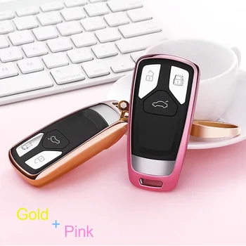 

TPU Soft car key case cover shell set For Audi 2016 2017 A4 allroad B9 Q5 Q7 TT TTS Metal snap Braided Leather Rope keychain