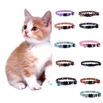 

Newly Cat Collar With Bell Safety Buckle Adjustable Kitten Small Dogs Cats Printing Collars Pet Supplies 11 Colors 4