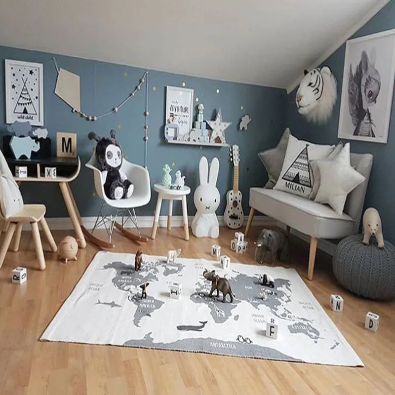 

Modern Children Game Home World Map Mat Baby Climbing Footcloth Area Rug for Living Room Decoration Kid Animal Print Rugs