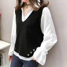 ^^Best Offers Two Piece Set Women Black Knitted Sweater Vest and Plain White Blouse Tops Women Set Korean Office Ladies Autumn Causal Suits ^^Best Offers Two Piece Set Women Black Knitted Sweater Vest and Plain White Blouse Tops Women Set Korean Office Ladies Autumn Causal Suits