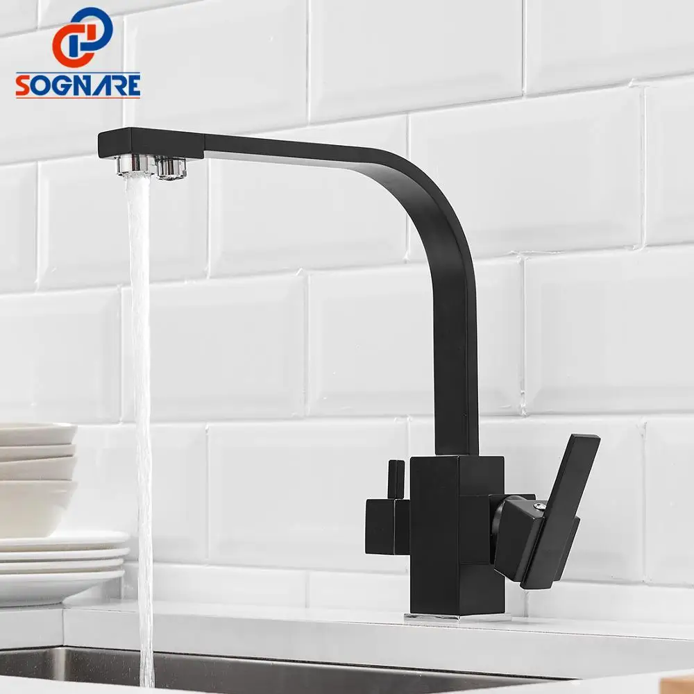  Black Square Kitchen Faucets 360 Degree Rotation 3 Way Water Filter Tap Water Faucets Solid Brass K - 32840829863