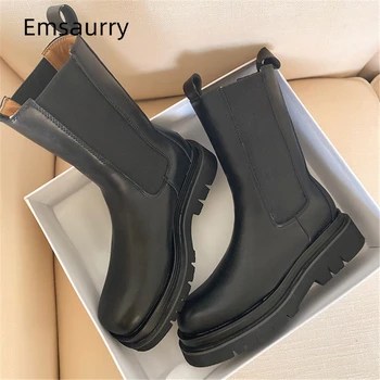 

British Style Winter Boots Women Round Toe Elastic Band Slim Mid-calf Boots Runway Botas Mujer Western Booties