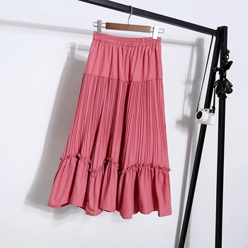 

Women's skirts summer irregular stitching ruffled pleated skirt women casual long thin A-line cotton spinning midi skirt