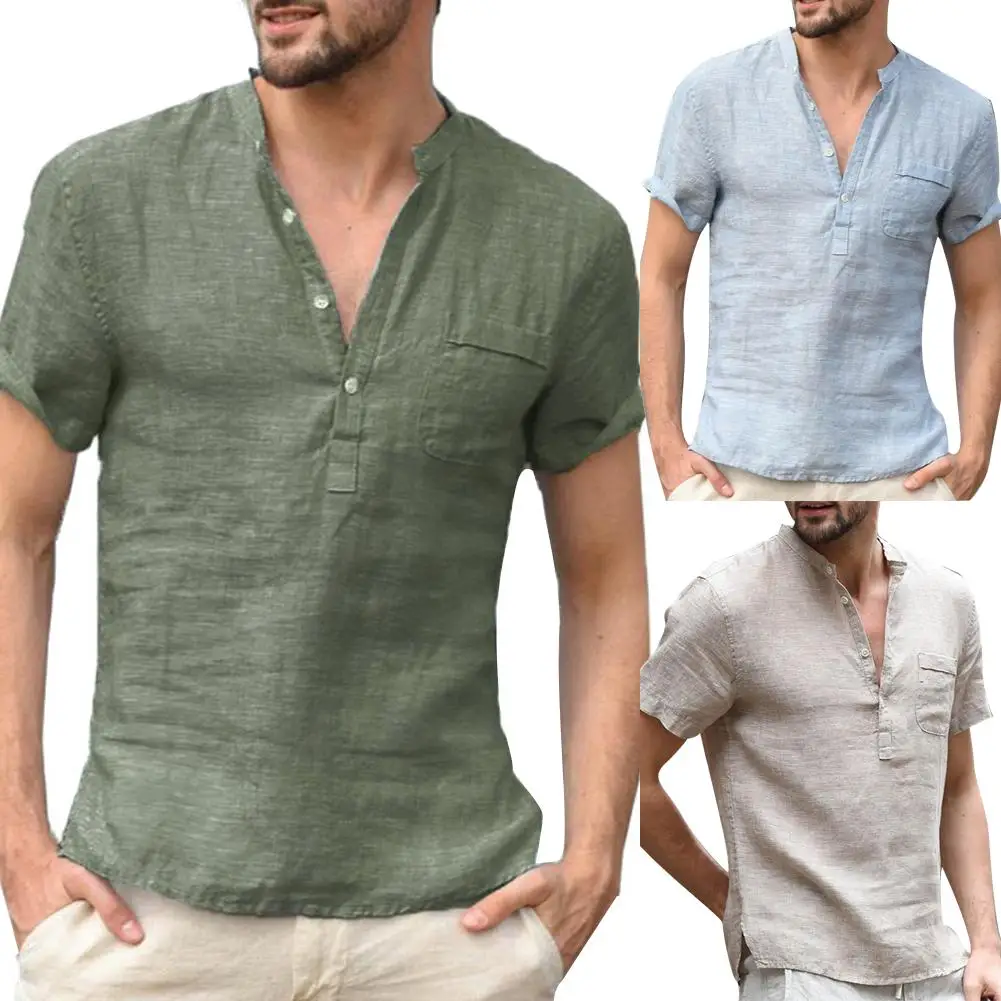 

Men Solid Color Button V Neck Patch Pocket Linen Short Sleeve T-Shirt Summer Top