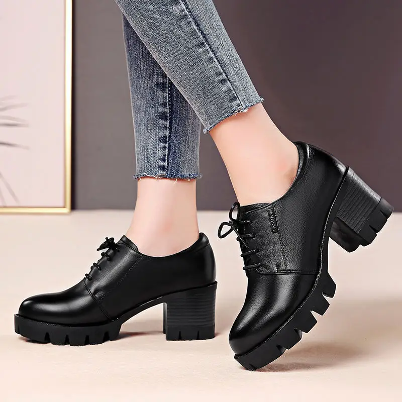 

Autumn Black And White with Pattern Small Leather Shoes Women's British-Style WOMEN'S Shoes Chunky-Heel Lace-up High Heel Shoes