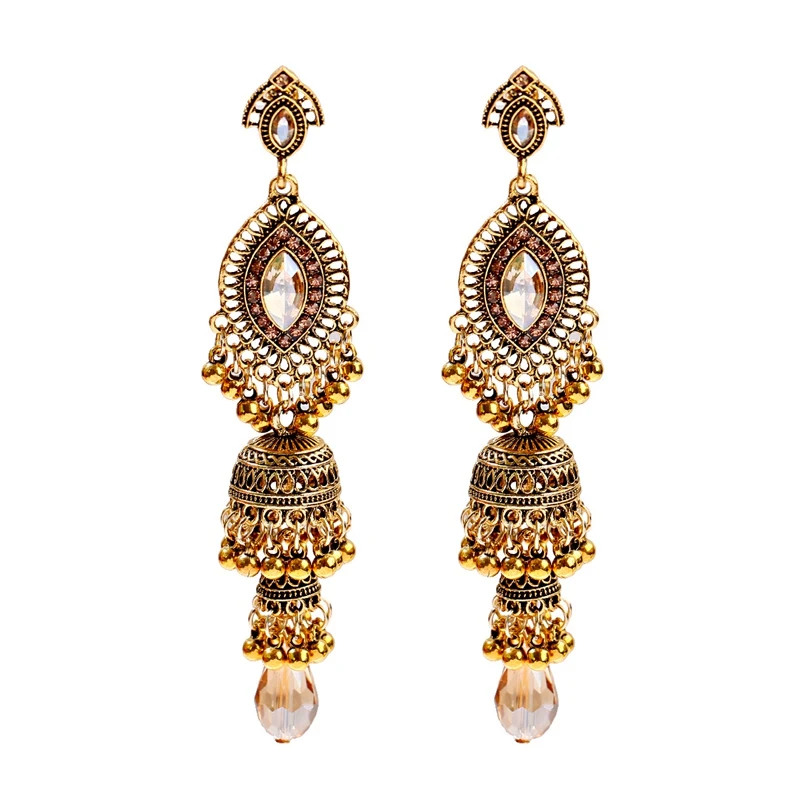 Этнические женские серебряные золотые индийские серьги Jhumka, винтажные Стразы, завышенные фонарики с кисточками, дворцовые сережки orecchini