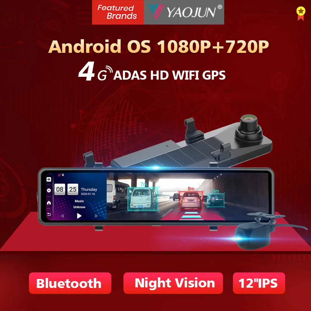 

Yaojun D60 ADAS GPS Navigation Car DVR Camera 4G WIFI 2GB+32GB Android 8.1 Rearview Mirror Dash Cam Bluetooth Car Video Recorder