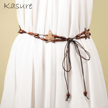 

KASURE Fashion Bohemia Wood Beads Coconut shell Tassel Thin Braided Waist Belt Women's Knotted Summer Beach Dress Skirt Belt