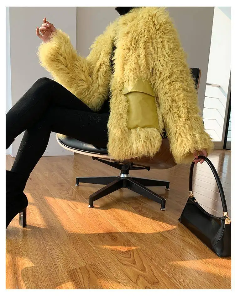 Heydress, однотонная женская зимняя куртка с карманами, Женская Повседневная теплая куртка с длинным рукавом, верхняя одежда, женское желтое пальто с мехом ягненка