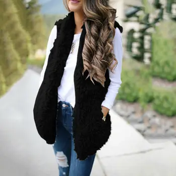 

Women Faux Fur Pockets Long Vest 2019 Autumn Winter Fluffy Fur Sleeveless Waistcoat Female Elegant Soft Hairy Fashion Overcoat