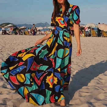 

Female Long Dress Loose Plus Size WoMen Geometric Print Patchwork Boho Summer Sundress Round Neck Dress Ropa Mujer Vestido