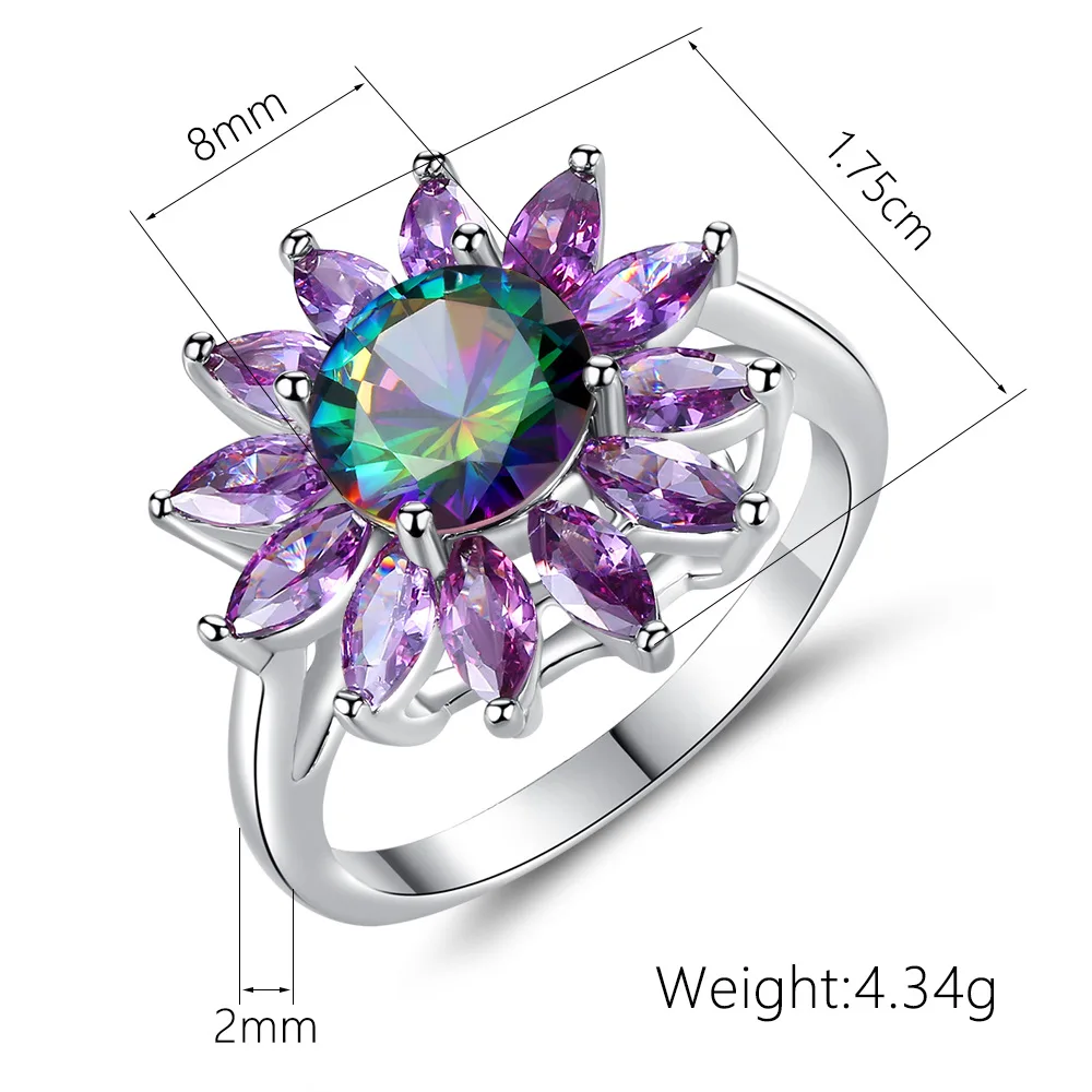 925 Серебряное кольцо, Подсолнух, циркониевое кольцо, фиолетовый цвет, пара драгоценных камней, кольцо для женщин, подарок на свадьбу