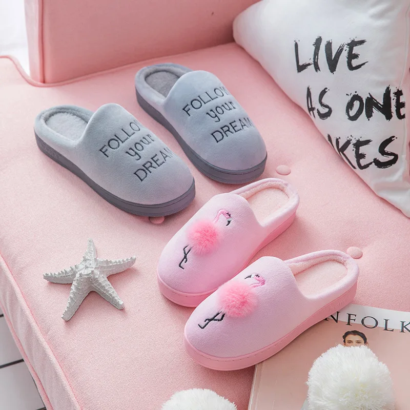 Женские зимние тапочки из флока с рисунком фламинго большие размеры 43 45|Тапочки| |