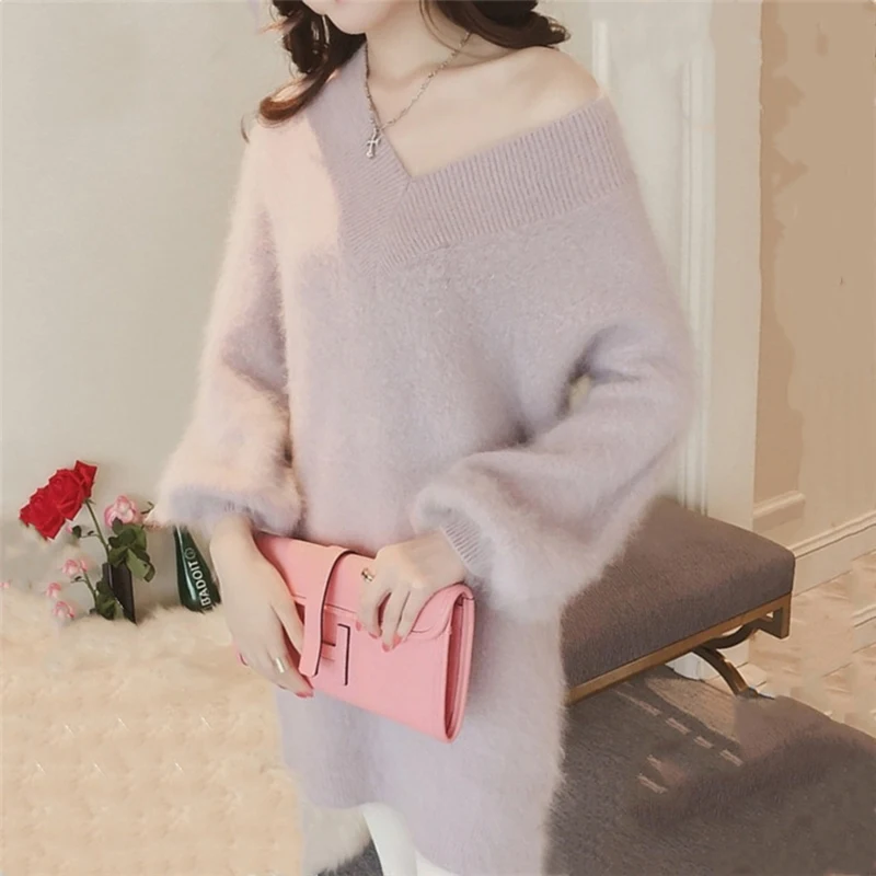 

Autumn and Winter Women's V-neck Sweater Long-sleeved Pullover Knit Sweater Straight Sleeve Hip Dress Sexy Warm Casual Jacket