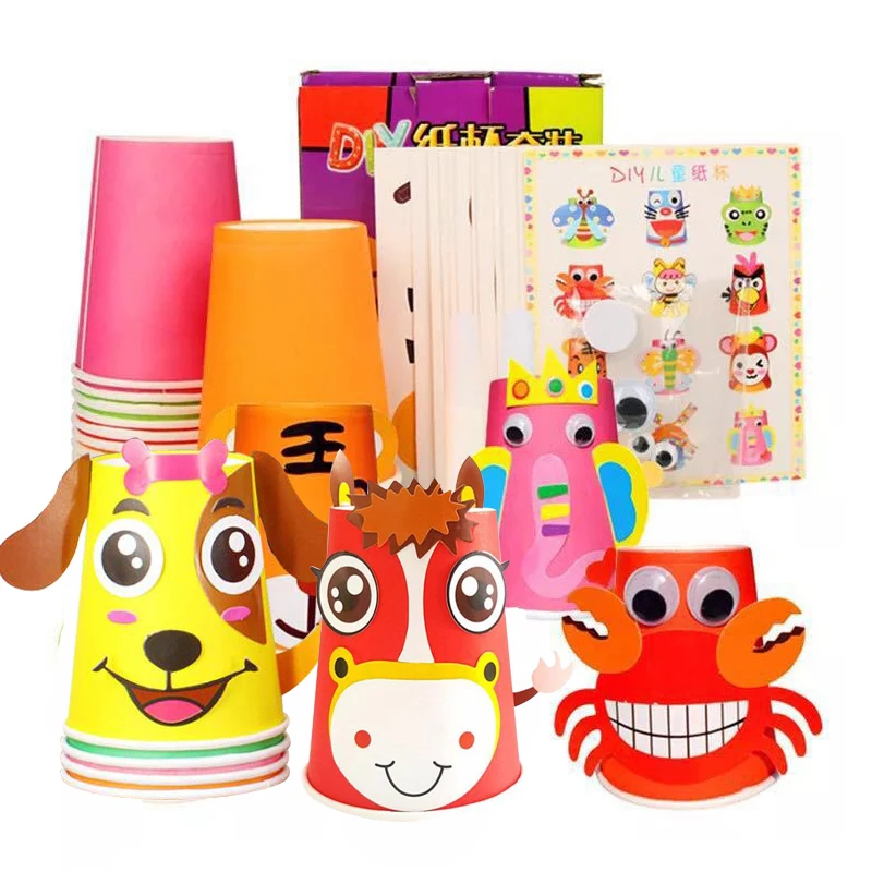 12pcs/set Children Animals DIY Handmade Paper Cups Sticker material kit kindergarten School Art Craft Kids Educational Toys